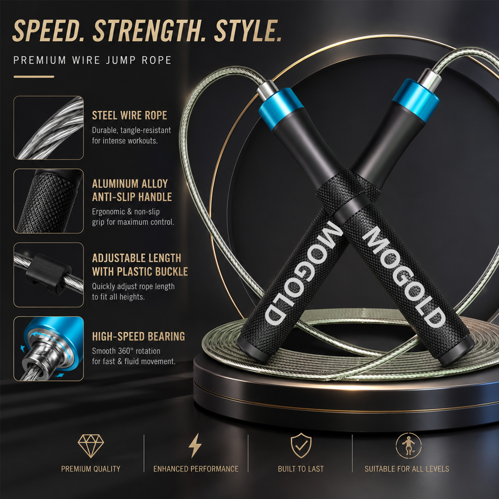 Speed Skipping Rope - Profesjonalna skakanka MOGOLD z metalowymi uchwytami,